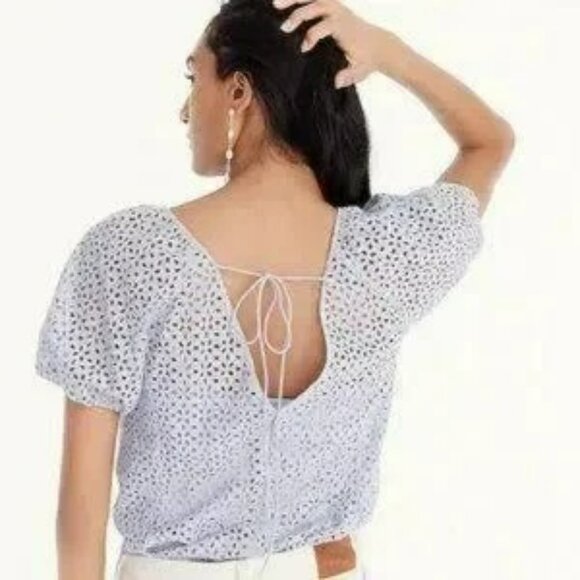 J.Crew V-Back Puff Sleeve Eyelet Blouse Size 12 Purple Short Sleeve Tie NWT - Picture 3 of 7